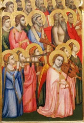 Itália, Florença, Basílica da Santa Cruz, Capela de Bandini Baroncelli, Anjos tocando instrumentos musicais, detalhe da coroação da Virgem
