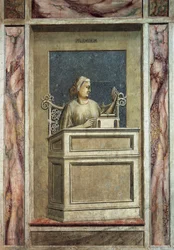 Prudência, figura feminina sentada a uma mesa, olhando o passado para aprender com a experiência e lendo um livro para obter ensinamentos para o futuro, de Giotto, ciclo de afrescos Os vícios e as virtudes, após a restauração, Scrovegni Chapel, Pádua, Vêne