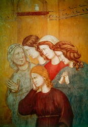 São Francisco revive a mulher não unificada para facilitar sua confissão, detalhe do grupo de mulheres à direita, c.1297-99