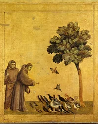 São François de Assis pregando pássaros. Detalhe da predela de São Francisco de Assis recebendo os estigmas. Pintura de Giotto Di Bondone