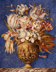 Flores num vaso que fica sobre uma saliência de mármore (aguarela, guache e ouro sobre velino)