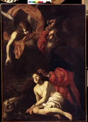 "O Sacrifício de Abraão de Isaac O anjo segura a mão de Abraão antes do sacrifício do seu filho Isaac. À esquerda, a besta que Abraão vai matar em seu lugar. Pintura de Giovanni Battista Caracciolo chamada Battistello (1578-1635) 161