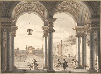 Vista através de uma colunata barroca em um jardim, 1760-1768