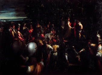 Cena de fábula, de Giovanni Andrea Donducci conhecida como Mastelletta (1575-1655), óleo sobre tela