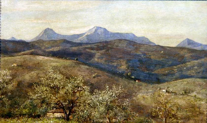Paisagem primaveril com uma vista distante do Monte Catria: Início da Manhã