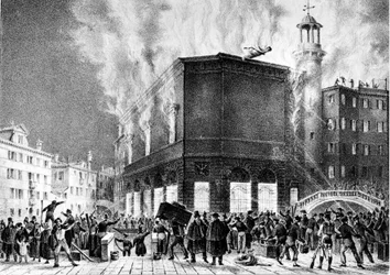 O incêndio do teatro de La Fenice, em Veneza, em 1836. Gravura de Giovanni Pividor. Milão, Conservatório G. Verdi.