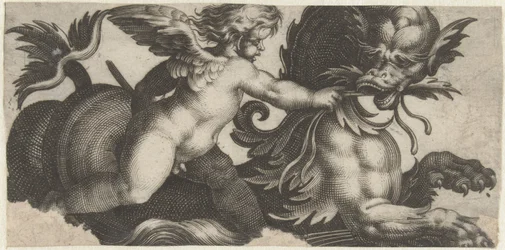 Putto alimenta um monstro marinho com uma folha Frísios com monstros marinhos (título da série)
