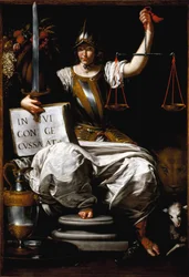 Alegoria da Justiça como mulher segurando uma espada e uma balança. Pintura de Giovanni Andrea de Ferrari (cerca de 1598-1669), século XVII, Génova, Galleria di Palazzo Bianco