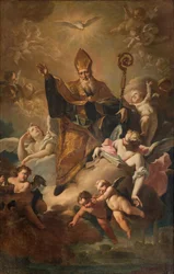 Transepto sul, Altar de San Benedetto, São Bento na Glória enquanto abençoa a cidade, Retábulo de Giovanni Angelo Borroni, São Bento na Glória enquanto abençoa a cidade 1744