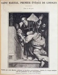 São Marcial (século III), primeira eveque de Limoges. Durante a celebração do sacrifício eucarístico, a Virgem Valerie vem apresentar a sua cabeça sangrenta a São Martiel. Festa no dia 30 de Junho. Gravura depois da pintura de Spadarino.