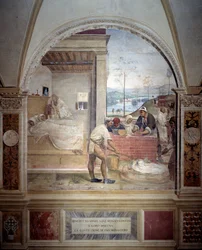 Bento aparece a dois monges e lhes apresenta o projeto de um afresco do mosteiro do cloitro feito por Antonio Bazzi dit il Sodoma (1477 - 1549) relatando a vida de São Bento de Nursie (480 - 567) fundador da Ordem de Bento 1503 - 1508 Ab