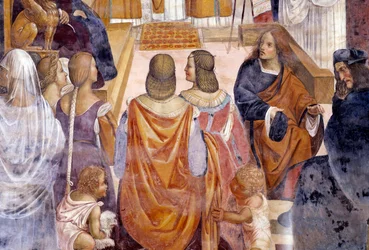 Benedito excomungou duas freiras e as absolve após sua morte Detalhe afresco do claustro por Antonio Bazzi dit il Sodoma (1477 - 1549) relatando a vida de São Bento de Nursie (480 - 567) fundador da Ordem de Beneditina 1503 - 1508 Abadia de Mo