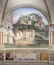 Bento acendeu uma fonte no topo da montanha Fresco do claustro feita por Antonio Bazzi dit il Sodoma (1477 - 1549) relatando a vida de São Bento de Nursie (480 - 567) fundador da Ordem de Bento 1503 - 1508 Abadia de Monte Oliveto