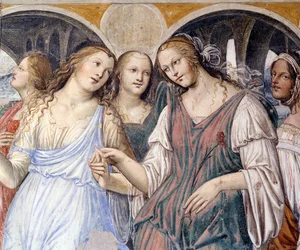 Florent envia prostitutas ao mosteiro (Florenzo envia cortesãs ao mosteiro de São Bento) Detalhe afresco do cloitro realizado por Antonio Bazzi dit il Sodoma (1477 - 1549) relatando a vida de São Bento (480 - 567) fundador da Ordem