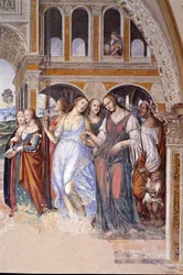 Florent envia prostitutas ao mosteiro (Florenzo envia cortesãs ao mosteiro de São Bento) Detalhe afresco do cloitro realizado por Antonio Bazzi dit il Sodoma (1477 - 1549) relatando a vida de São Bento (480 - 567) fundador da Ordem