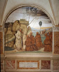 Como Bento responde à oração dos eremitas e aceita ser seu líder Fresco do cloitro realizado por Antonio Bazzi dit il Sodoma (1477 - 1549) relatando a vida de São Bento de Nursie (480 - 567) fundador da Ordem de Bento 1503