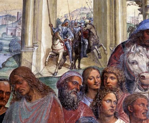 Como Bento conhece os jovens romanos Maur e Plácido (São Bento conhece os jovens romances Maurus e Plácido) Detalhe da escolta dos jovens que deixam Roma - Fresco do cloitro feito por Antonio Bazzi dit il Sodoma (1477 - 1549) recontando a vida de São