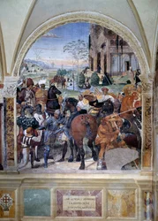 Como Benedito prevê a destruição do Monte Cassino Detalhe - afresco do claustro feito por Antonio Bazzi dit il Sodoma (1477 - 1549) relatando a vida de São Bento de Nursie (480 - 567) fou