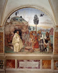 Como Bento ensina a santa doutrina aos camponeses que o visitam (São Bento ensina a santa doutrina aos camponeses que o visitam) Fresco do claustro feito por Antonio Bazzi dit il Sodoma (1477 - 1549) narrando a vida de São Bento de Nurs