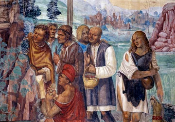Como Bento ensina a santa doutrina aos camponeses que o visitam Afresco detalhado do claustro realizado por Antonio Bazzi dit il Sodoma (1477 - 1549) relatando a vida de São Bento de Nursia (480 - 567) fundador da Ordem de Bento 1503 -