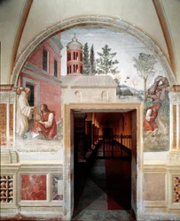Como Benedito se transforma numa cobra de vinho que um servo lhe escondeu Detalhe - fresco do cloitro feito por Antonio Bazzi dit il Sodoma (1477 - 1549) relatando a vida de São Bento de Nursie (480 - 567) fundador da Ordem de Beneditino 1503 - 1508 Abadia