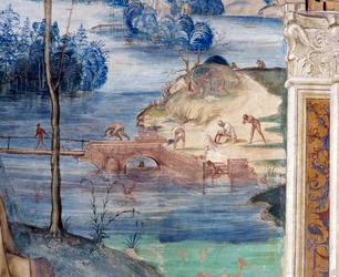 Como São Maurício caminha sobre a água para resgatar Plácido (Maurício caminha sobre a água para resgatar Plácido) - Detalhe Fresco do claustro feito por Antonio Bazzi dit il Sodoma (1477-1549) relatando a vida de São Bento de Nursie (480 - 567) fundador d