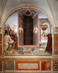 Como um padre trouxe comida a Bento na Páscoa - Fresco do claustro feito por Antonio Bazzi dit il Sodoma (1477 - 1549) relatando a vida de São Bento de Nursia (480 - 567) fundador da Ordem de Bento 1503 - 1508 Abadia de Monte Oliveto Ma