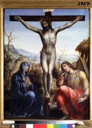 A crucificação com a Virgem e João Baptista. Inscrição "I.N.R.I.". (INRI) na cruz. Pintura por Sodoma (ou Giovanni Antonio Bazzi