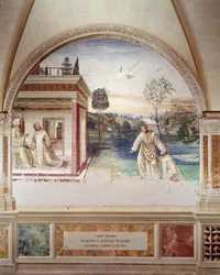 Afresco do claustro feito por Antonio Bazzi dit il Sodoma (1477 - 1549) contando a vida de São Bento de Nursie (480 - 567) fundador da Ordem dos Beneditinos