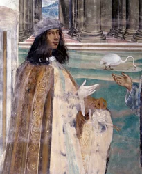 São Bento fixa uma peneira quebrada Auto-retrato do artista - Detalhe Fresco do cloitro realizado por Antonio Bazzi dit il Sodoma (1477 - 1549) relatando a vida de São Bento de Nursie (480 - 567) fundador da Ordem de Bento 1503 - 1508