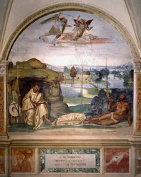 São Bento triunfa sobre a tentação ao atirar-se nu num arbusto de espinhos, enquanto um anjo luta contra o demônio Fresco do refeitório dos monges feito por Antonio Bazzi dit il Sodoma (1477 - 1549) recontando a vida de São Bento (48