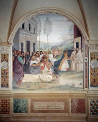 São Bento leva o corpo de Cristo sobre o corpo do monge que a terra se recusa a enterrar fresco do cloitro feito por Antonio Bazzi dit il Sodoma (1477 - 1549) relatando a vida de São Bento de Nursie (480 - 567) fundador da Ordem de Benedi
