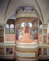 São Bento deixa o afresco da escola de Roma do claustro produzido por Antonio Bazzi dit il Sodoma (1477 - 1549) relatando a vida de São Bento de Nursie (480 - 567) fundador da Ordem de Bento 1503 - 1508 Abadia de Monte Oliveto Maggiore,