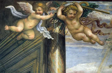 A, sala, delle, Nozze, de, Alessandro, e, Rossana, corredor, de, a, união, de, alexander, a, grande, 356-323, bc, e, Roxanne, detalhe, de, dois, voando, putti, c.1513, fresco, detalhe, 107224