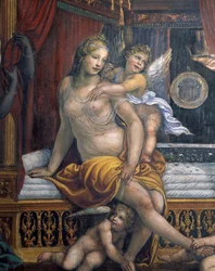 A Sala delle Nozze de Alessandro e Rossana Salão do Casamento de Alexandre, o Grande 356-323 aC e Roxanne detalhe de Roxanne sentado em sua cama, c.1513 detalhe afresco de 107228