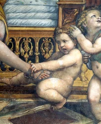 A, sala, delle, Nozze, de, Alessandro, e, Rossana, corredor, de, a, união, de, alexander, a, grande, 356-323, bc, e, Roxanne, detalhe, de, putto, puxando, Roxannes, pé, c.1513, fresco, detalhe, de 107228