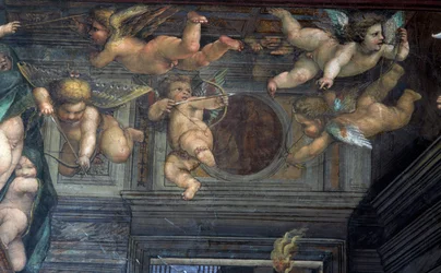A, sala, delle, Nozze, de, Alessandro, e, Rossana, corredor, de, a, união, de, alexander, a, grande, 356-323, bc, para, Roxanne, detalhe, de, voando, putti, c.1513, afresco, detalhe, de, 107226