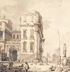 Um capricho de um palácio veneziano com vista para uma praça com um obelisco,