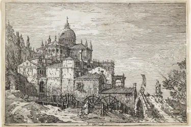 Paisagem com uma igreja, casas e um moinho