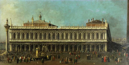 A Biblioteca e a Piazzetta, Veneza, olhando para o oeste com numerosas figuras e um espetáculo de marionetes, c.1740