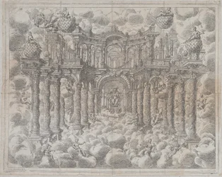 Placa 2 [contraprova]: Cenário com figuras alegóricas sentadas entre as nuvens, com..., 1690.