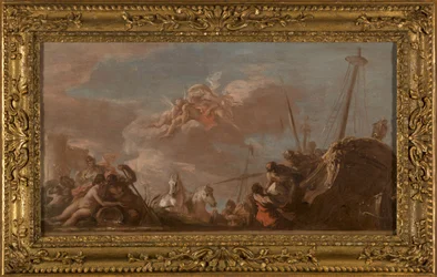 Esboço para o teto do Banco Real: Le Déchargement en bord de Seine de marchandises en provenance de la Louisiane, en 1720 (óleo sobre tela (tecelagem))