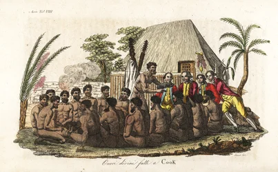 Os nativos havaianos oferecem um porco sacrificial ao Capitão James Cook perante 12 sacerdotes e um ídolo de madeira na casa sagrada de Orono. Placa de cobre colorida à mão gravada por Sasso depois de John Webber, de Giulio Ferrario