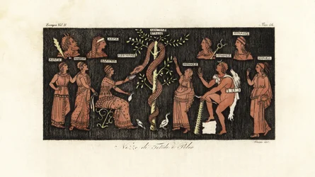 Heracles no seu 11º trabalho de parto, levando maçãs douradas do Jardim das Hespérides guardadas pela serpente Ladon