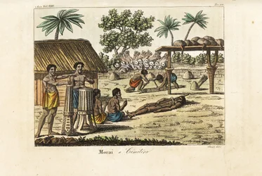 Sacrifício humano numa marae sagrada (Morai) ou cemitério, Tahiti. Bateristas à esquerda, uma vítima com um porco amarrado e dois cavadores de sepulturas a cavar uma sepultura diante de uma pilha de crânios humanos e agitadores de flechas. Placa de cobre c