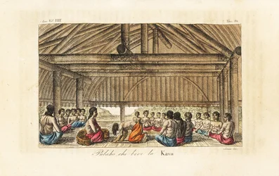 Rei Polaho bebendo kava numa longa casa, Tonga (Ilhas Amigas). Placa de cobre colorida à mão gravada por Sasso depois de John Webber, de Giulio Ferrario