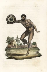 Homem nu tatuado do Havai (Ilhas Sandwich) a dançar para o Capitão James Cook