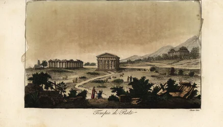 Vista dos antigos templos gregos de Hera em Paestum, Itália