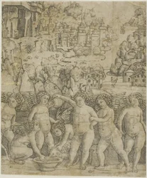 Sete Cupidos com dois carneiros em uma paisagem