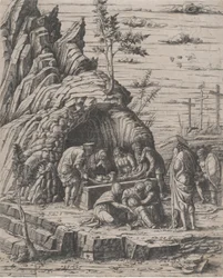 O sepultamento de Cristo que está sendo baixado por dois homens em uma tumba de pedra antes de..., ca. 1470-1500.